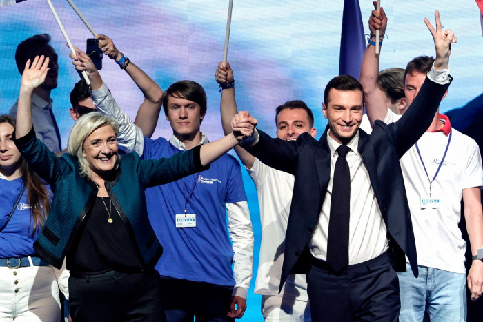 Rassemblement National’s Marine Le Pen and Jordan Bardella 