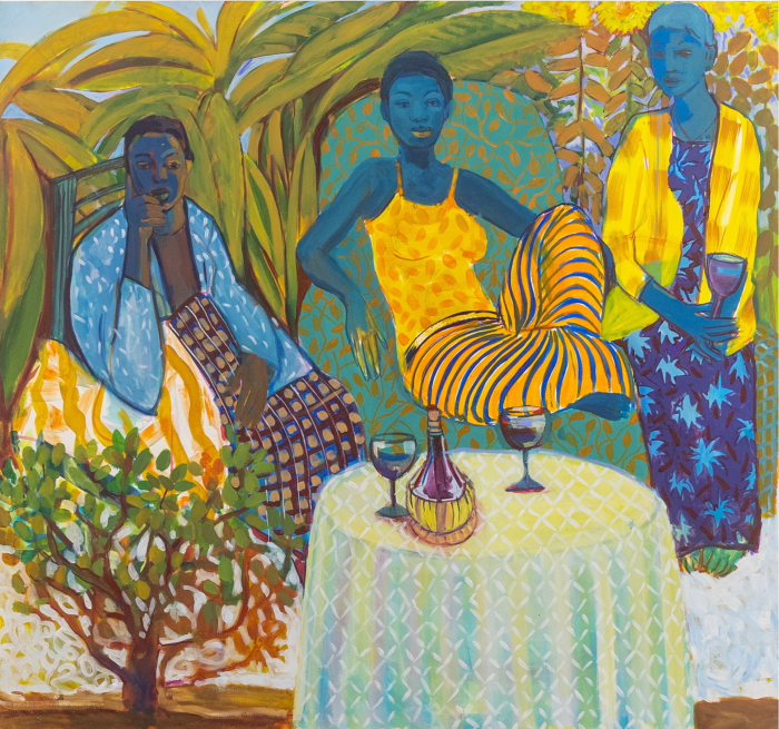 Oil painting of three blue women relaxing in a garden