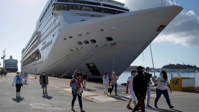 Passengers of a cruise ship at the port of Corfu