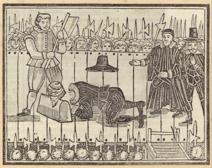 A 17th-century woodcut image of a beheading 