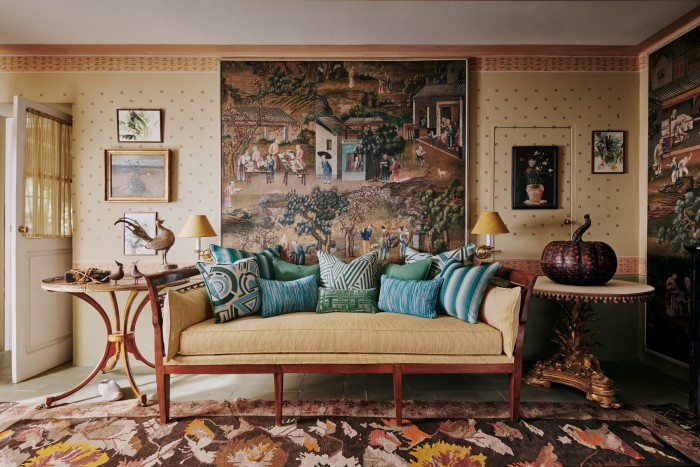 A sofa in Painted Elements in Sahara in Forquet’s home in Tuscany