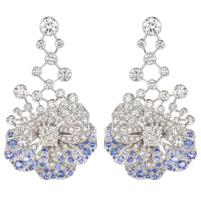 White-gold, diamond and sapphire pensée earrings, POA