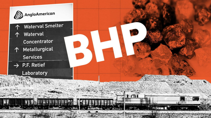 Photo montage of BHP logo, De Beers diamonds and a Transnet freight rail transport train 
