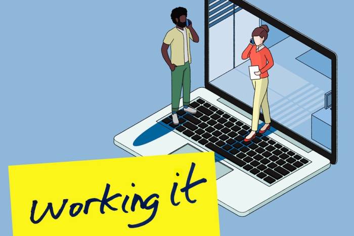 A illustration of our Working It image, a collage of two workers standing on a laptop with a Working it posted note in the foreground