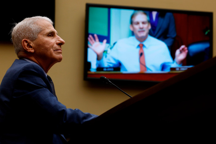 Anthony Fauci, former chief medical adviser to the president, is questioned by Jim Jordan, a Republican Congressman, in Washington this month   