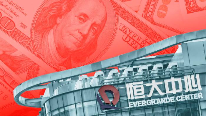 Montage of Evergrande building and US dollar