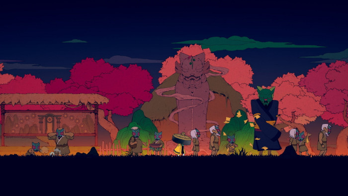 A cartoonish Asian-influenced landscape with large red trees and small characters wearing masks