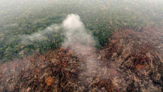 An aerial view of burning forest in the Amazon