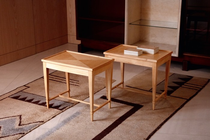 Pair of side tables in blond oak and sycamore by Jean-Michel Frank, c1930