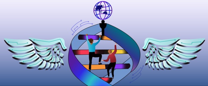 Digital artwork depicting two stylized figures climbing a circular, multicolored DNA helix-like structure, which supports a globe at its peak. The background features two large, abstract, wing-like designs on each side with circuit patterns, set against a gradient purple backdrop