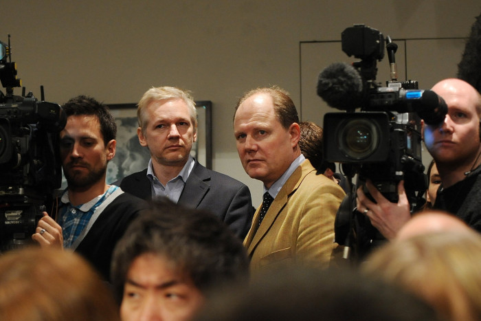 WikiLeaks founder Julian Assange, second left, and Frontline Club founder Vaughan Smith, second from right, attend a press conference at the Frontline Club in London on January 17 2011