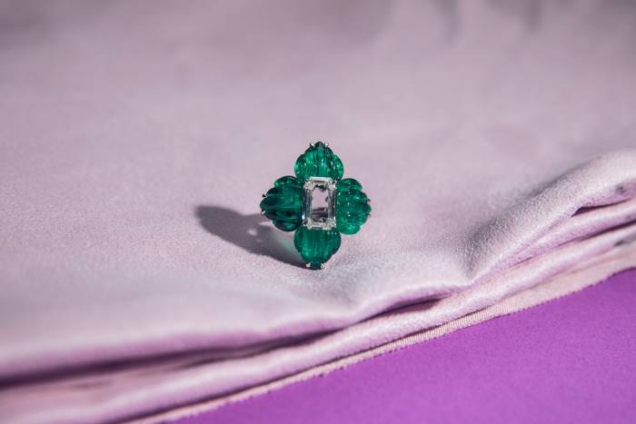 17th-century Colombian emerald and portrait-cut diamond Petal ring