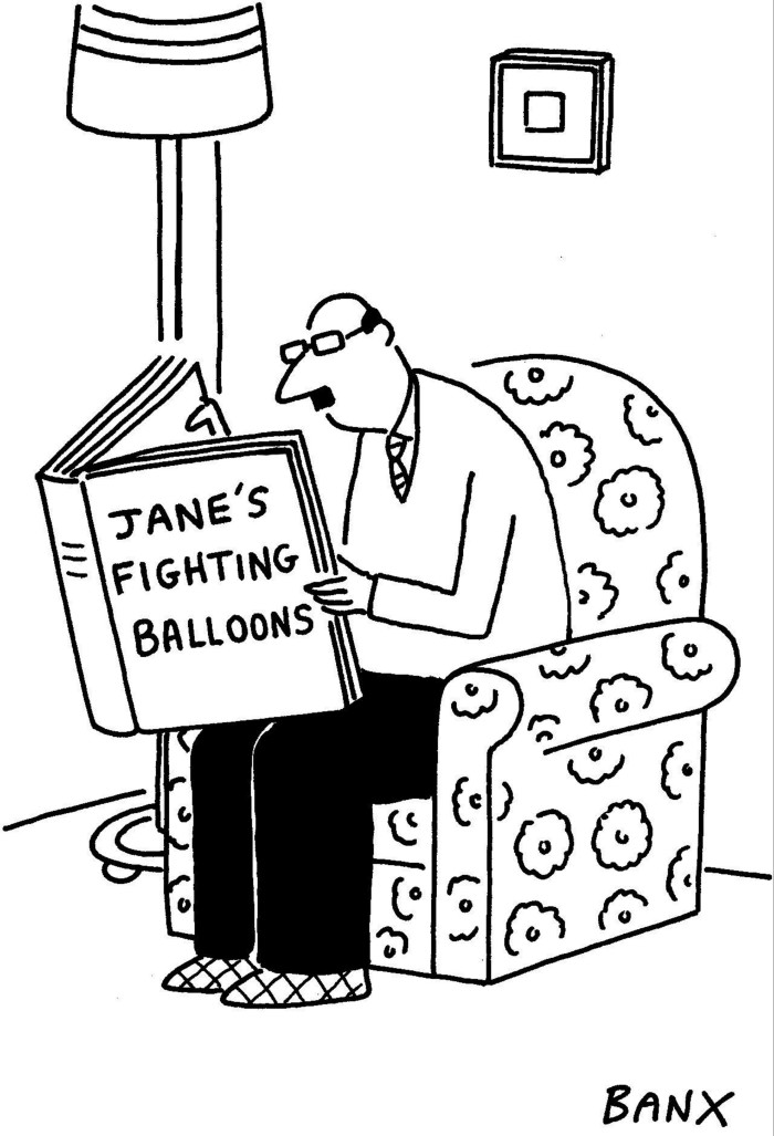 Cartoon of a man seated on an armchair and reading a big book that says ‘Jane’s fighting balloons’ on the cover