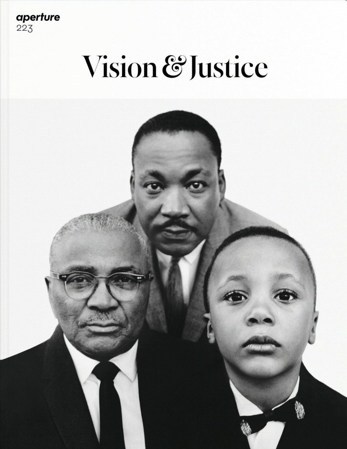 Cover of Aperture magazine’s summer 2016 issue, Vision & Justice, featuring Richard Avedon’s Martin Luther King, Jr., civil rights leader, with his father, Martin Luther King, Baptist minister, and his son, Martin Luther King III, Atlanta, Georgia, March 22, 1963