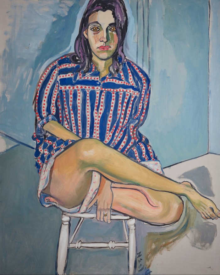 Painting of a woman in a stripy shirt sitting with her legs crossed on a chair