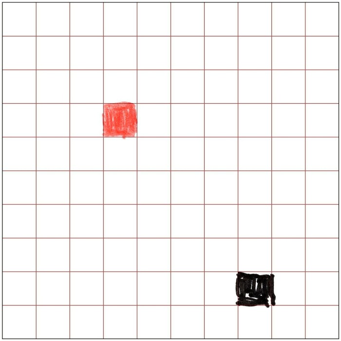 A ten by ten grid with one square filled in red and one black