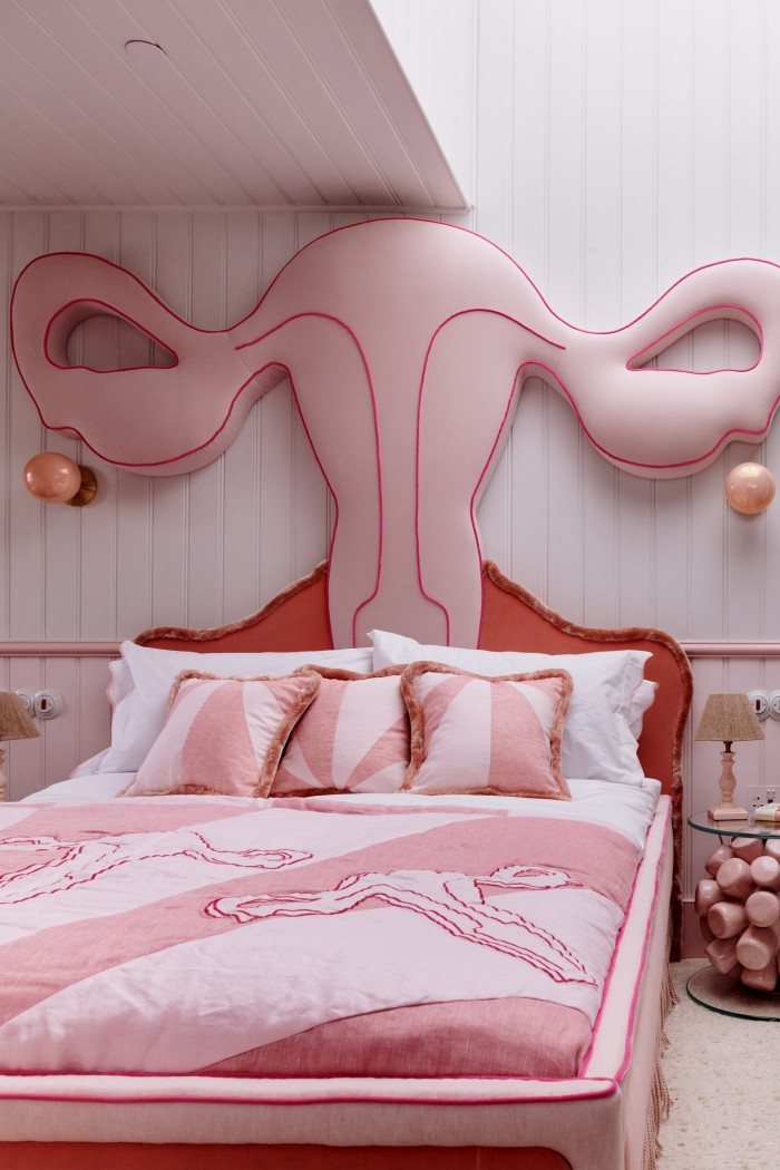 The “Uterus” bedroom, with a Buchanan Studio x Charlotte Colbert bed. Upholstery by Ben Whistler and bedlinen by Buchanan Studio. The marshmallow side tables are by Charlotte Colbert