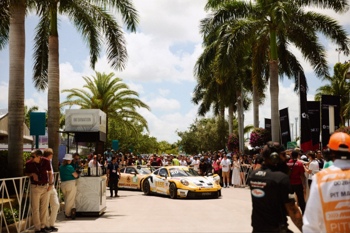 Porsche Carrera Cup cars leave the paddock at the F1 Miami Grand Prix