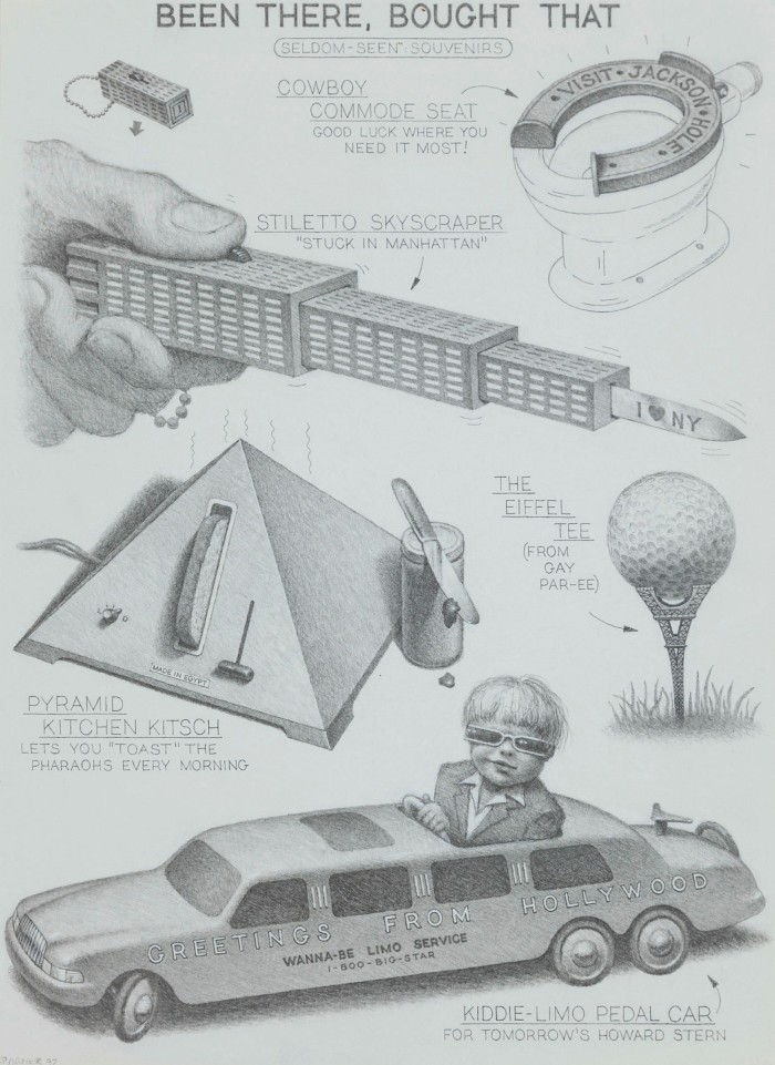 Pencil-drawn images of wacky inventions, such as the Stiletto Skyscraper, which is the Empire State Building with a knife blade at the top