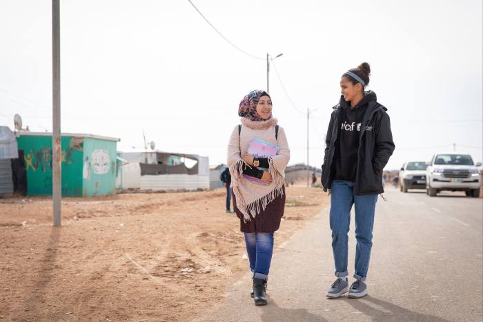 Ali with 18-year-old Omaima at Za’atari refugee camp in Jordan last year, as part of her work with Unicef