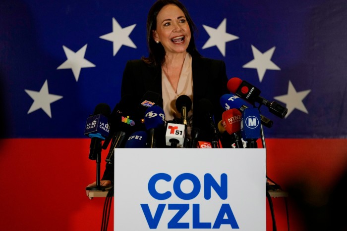María Corina Machado speaks in Caracas, Venezuela, on October 24, 2023