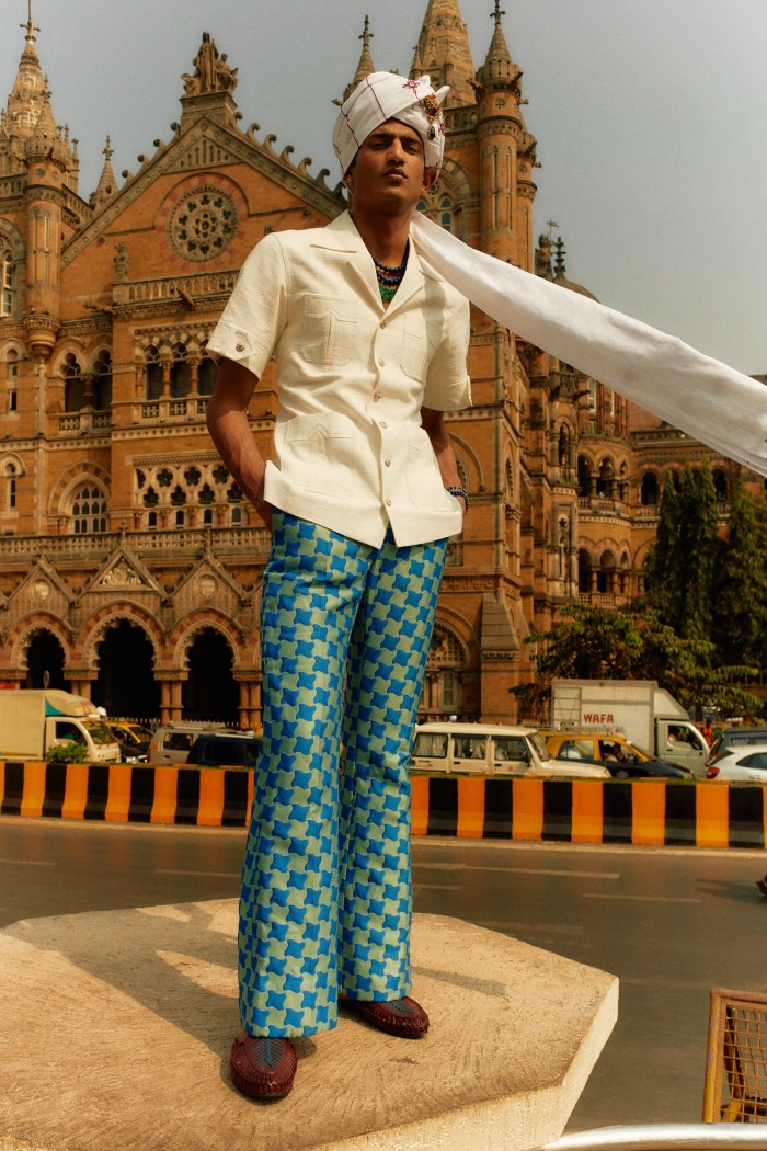 Neeraj wears Casablanca cotton short-sleeve jacket, €985, and jacquard trousers, POA. Norblack Norwhite cotton turban, POA. Metro leather slippers, Rs3,490 (about £34). Gazdar gold, diamond, tourmaline and pearl vintage brooch (pinned to turban), about £7,837, lapis lazuli necklace, about £1,959, emerald necklace, about £5,142, agate bracelet, about £196, and lapis lazuli bracelet, about £98
