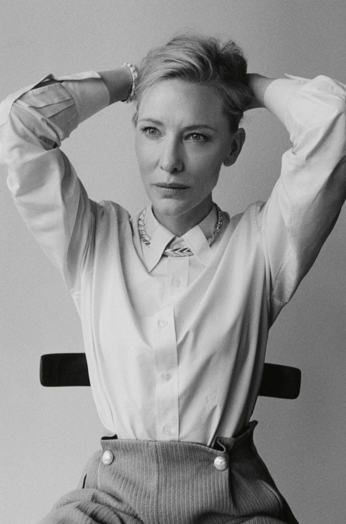 Cate Blanchett wears Louis Vuitton silk/cotton shirt, £1,460, wool trousers, £1,460, and white- and yellow-gold and diamond Fantasy necklace, POA 