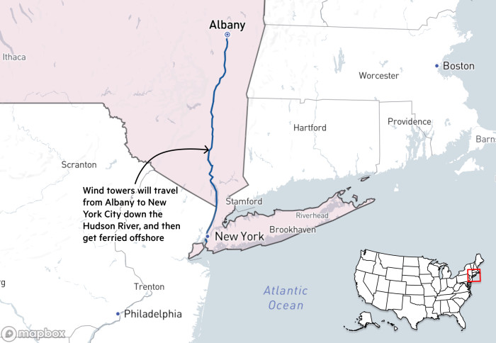 A map of Albany and New York City in the context of New York State and the northeast United States. It shows the route down the Hudson River that wind towers will take from Albany to Brooklyn. An annotation on the map says ‘Wind towers will travel from Albany to New York City down the Hudson River, and then get ferried offshore’