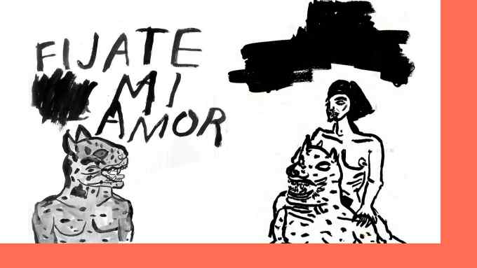 Two black marker drawings, on the left a tiger-like figure roaring Fijate mi amor, on the right a woman sitting on a tiger’s shoulders