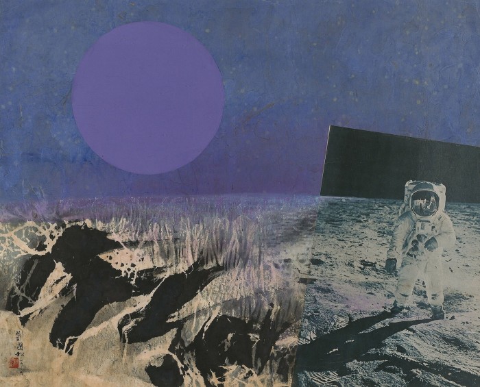 A collaged painting of a moonscape with a photograph of the moon landing incorporated into it. The sky is blue, with a violet orb on the horizon 