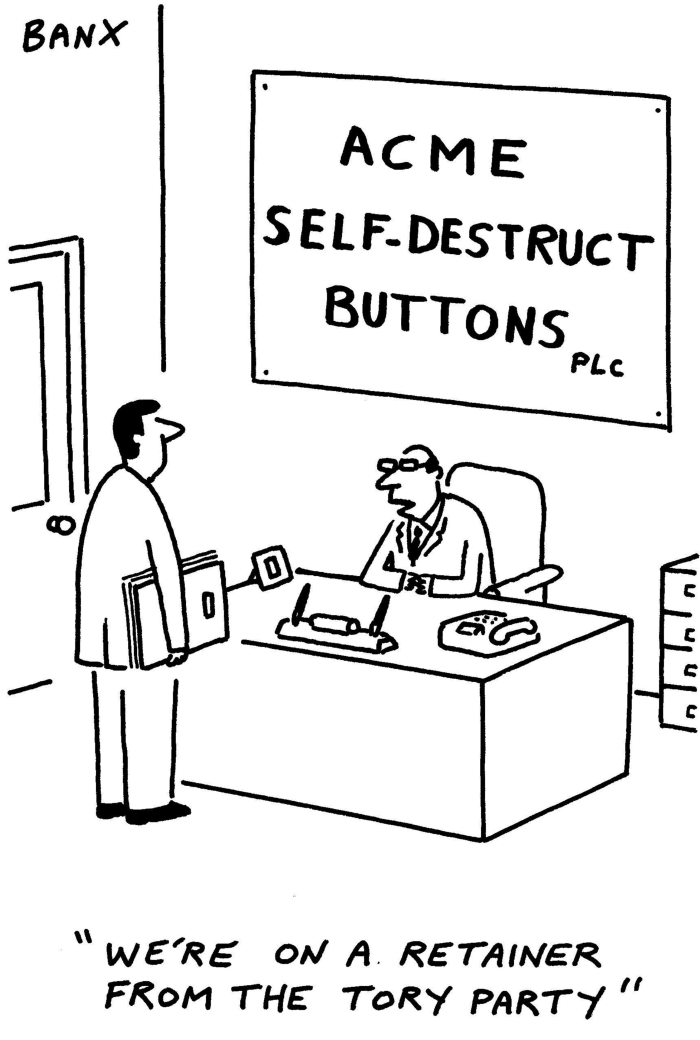 Cartoon showing a man approaching another man behind an executive desk. On the wall behind them is a sign that reads ‘ACME Self-destruct buttons’