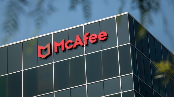 A McAfee logo on its headquarters in Santa Clara, California 
