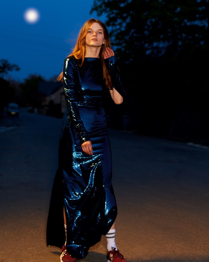 Primrose wears Burberry sequin gown, £4,990