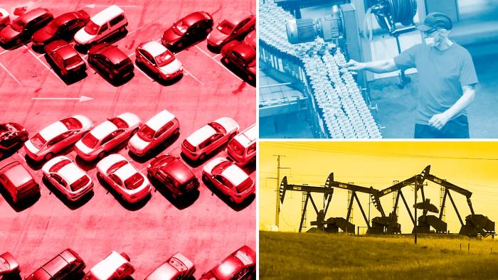 A photo montage of used cars, a factory production line and oil derricks