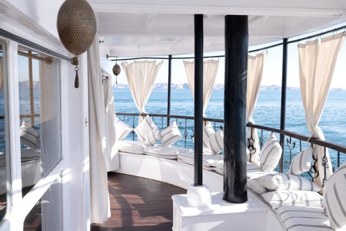 The boat has seven elegant cabins, including a suite on the stern with its own balcony