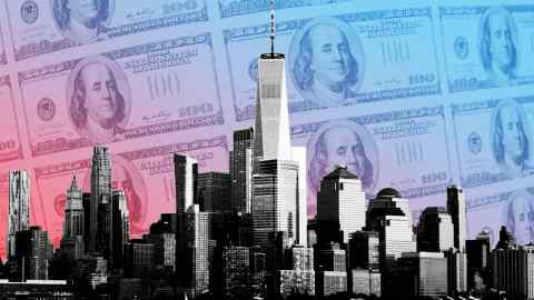 The New York City skyline with a background of US $100 banknotes