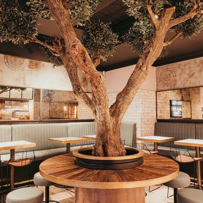 Sit at the table encircling an olive tree in the centre of Bancone . . . 