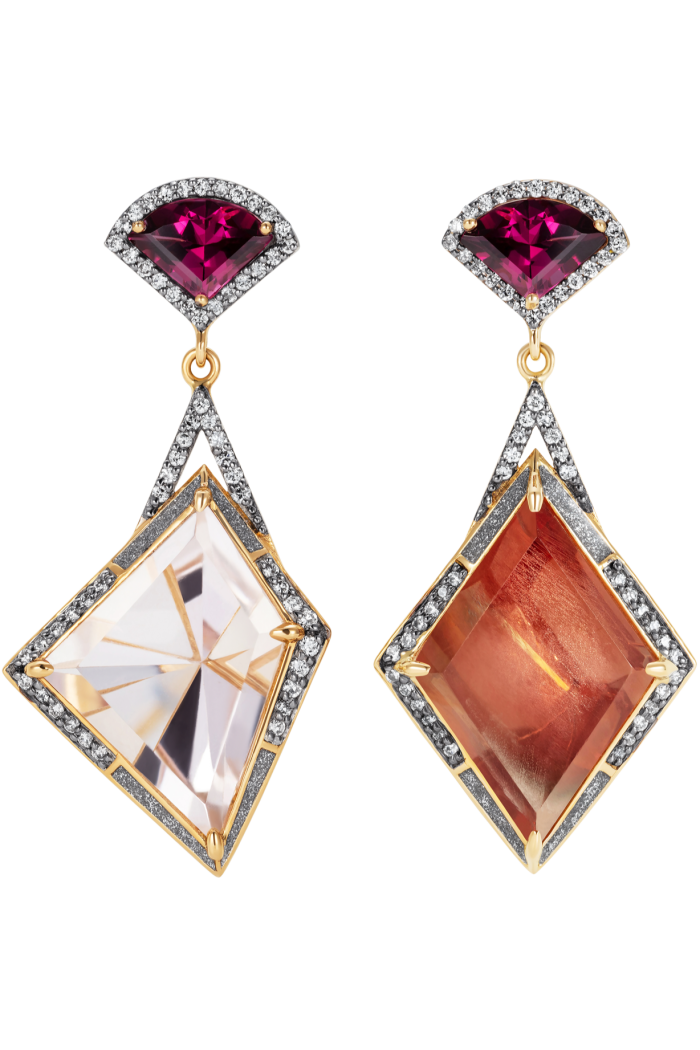 Noor Fares gold, garnet, morganite, sunstone, diamond and silver-glitter enamel Dawn & Dusk earrings, £7,750