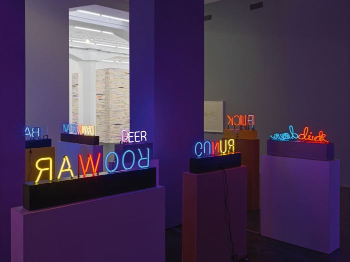 An installation view of neon artworks by Richard Jackson
