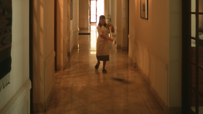 A photo of a woman cleaning a hallway with a large mop