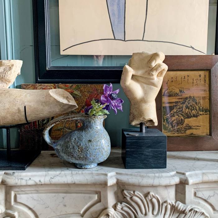 Objects on a mantelpiece at François Halard’s Arles home