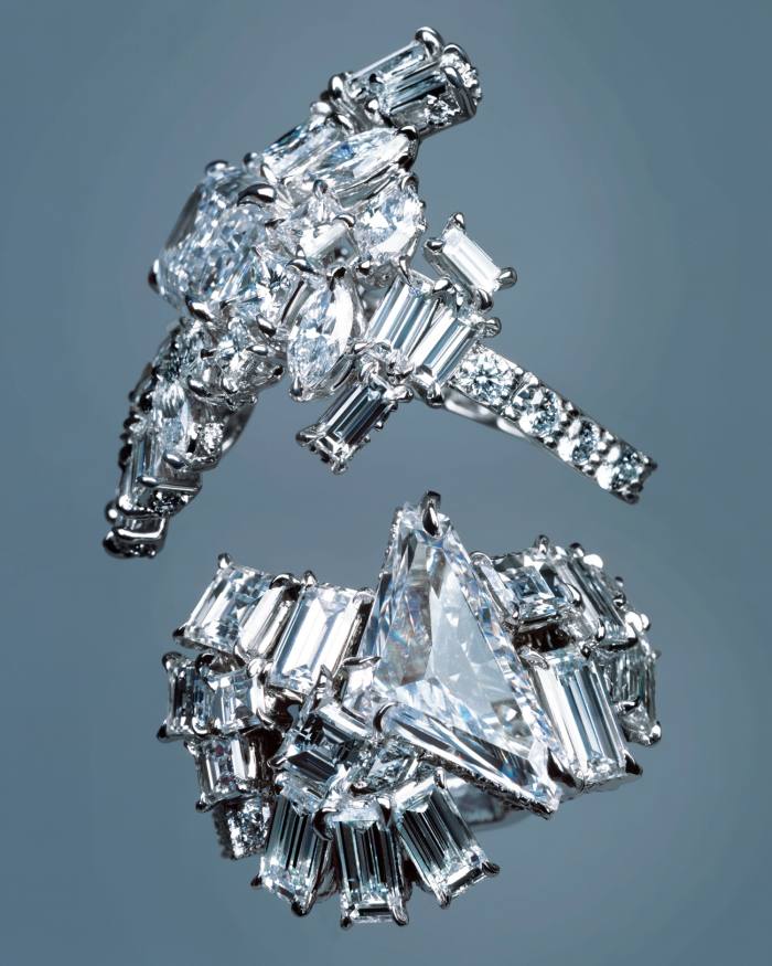 From top: Gem Dior by Dior Joaillerie Blanc Neige diamond ring and Blanc Titane diamond ring, both POA