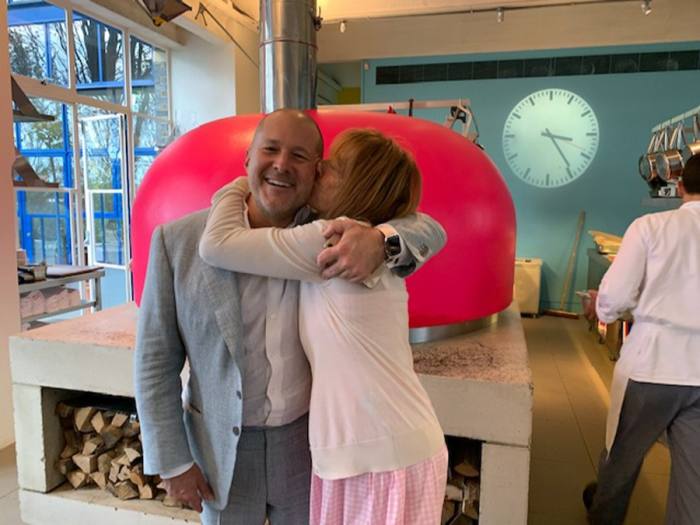 Ruth Rogers with Jony Ive in the River Café kitchen in 2022