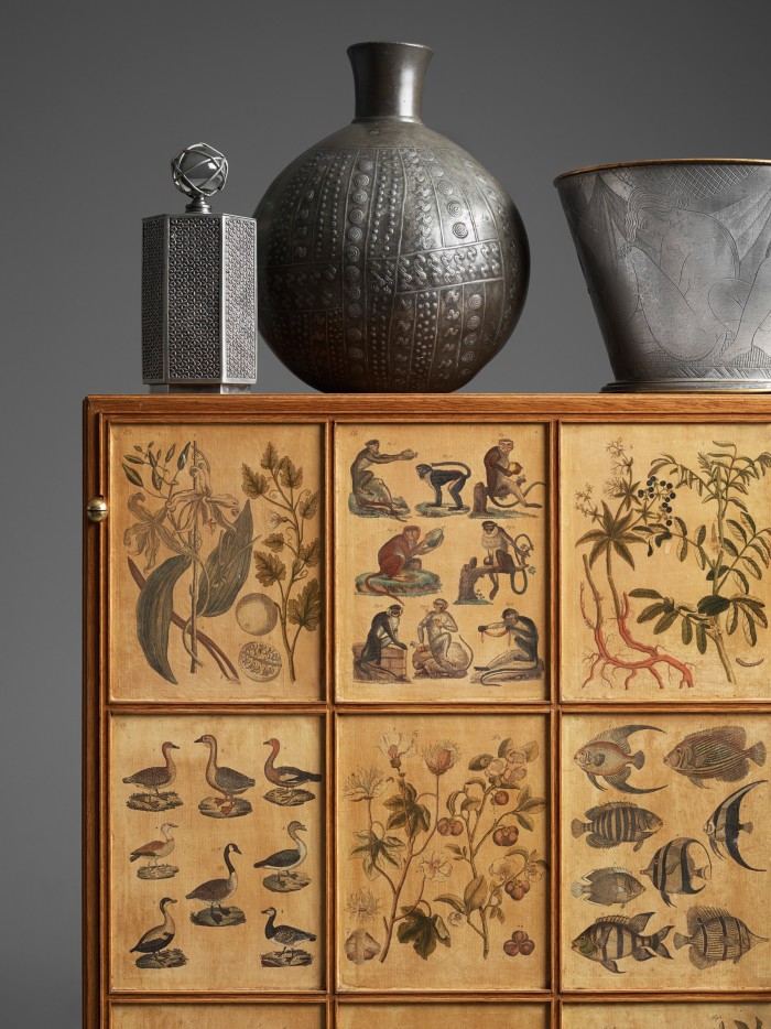 Pieces in Bukowskis auctioneers’ upcoming modern art and design sale in May: Josef Frank cabinet (estimate £150,000 to £225,000), pewter jar with lid (estimate £2,260 to £3,000), Peruvian pewter vase (estimate £3,800 to £4,500) and Tyra Lundgren pewter bowl (estimate £3,000 to £4,500)