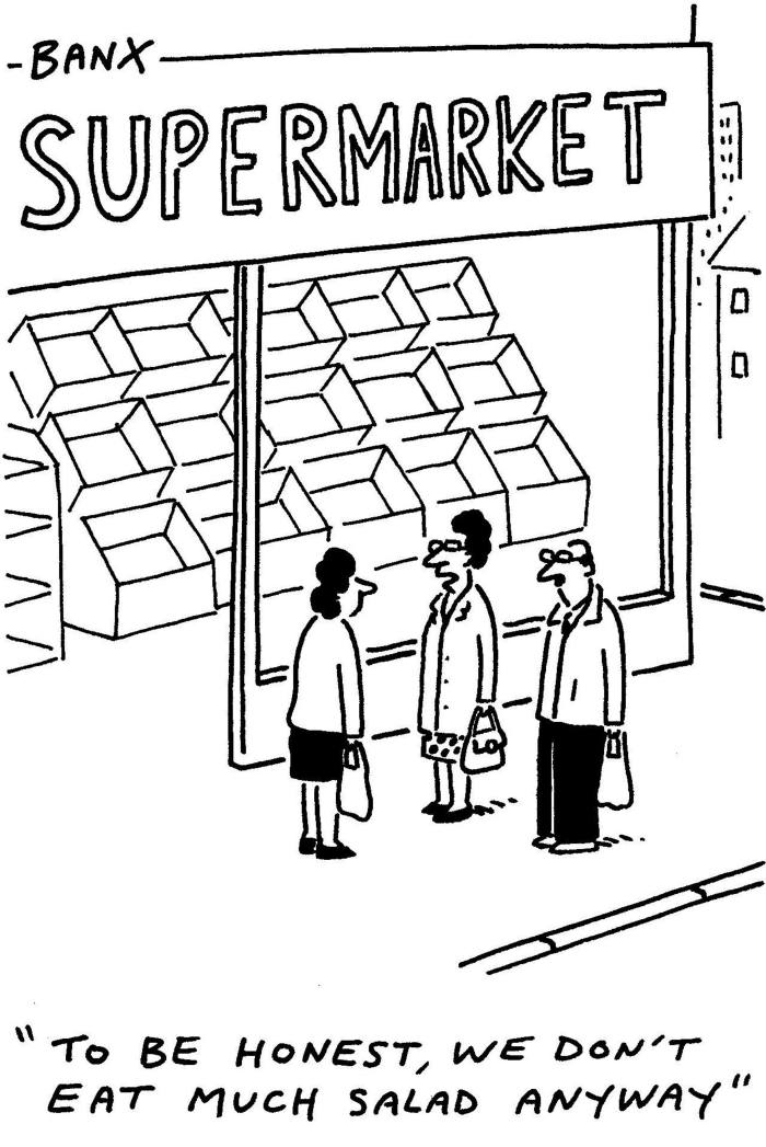 Cartoon showing three people outside of a supermarket with empty shelves