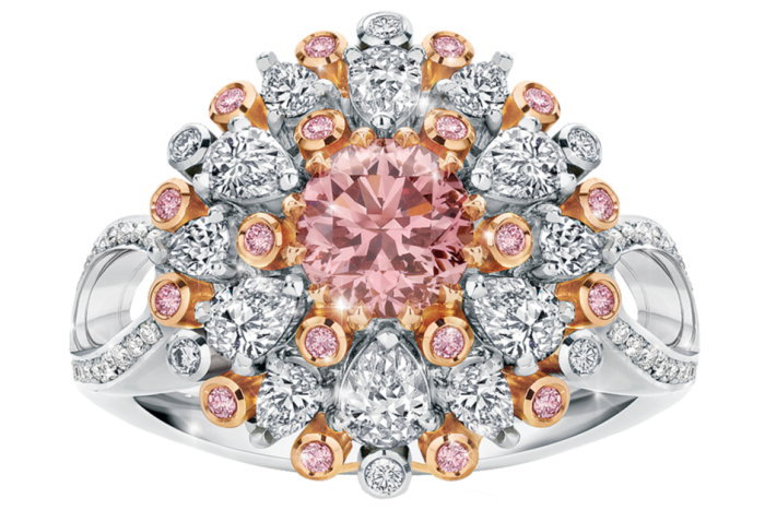 Calleija platinum and rose-gold Camilah ring with pink and white diamonds, price on request