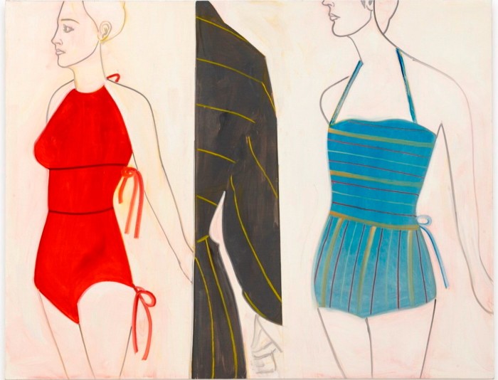 A three-part painting shows a young woman in a red swimsuit on the left; a man in a stripy grey dressing gown in the middle; and the close-up of a woman in a turquoise body suit on the right