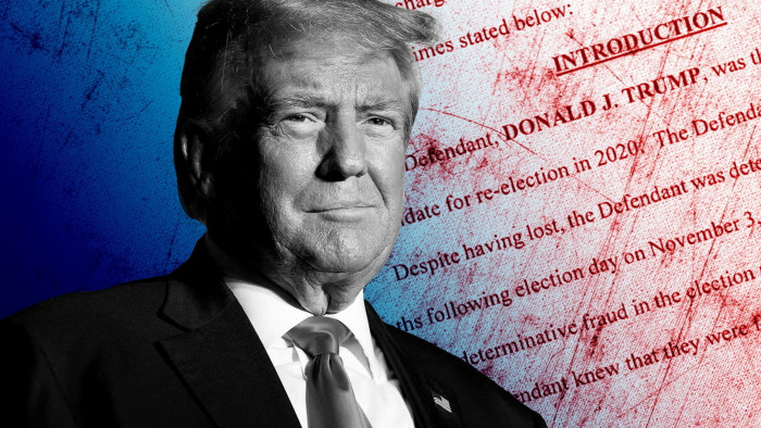 FT montage of Donald Trump and the text of an indictment against him