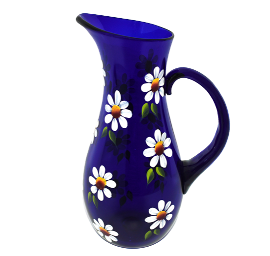 A curvy water jug designed with daisies 