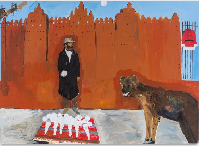 Painting of a man selling snowballs on the sidewalk in front of orange buildings, as a hyena enters the scene